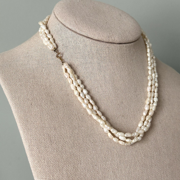 14K Yellow Gold Genuine Cream Pearl Triple Strand Multi Row Necklace 16" - Picture 4 of 10